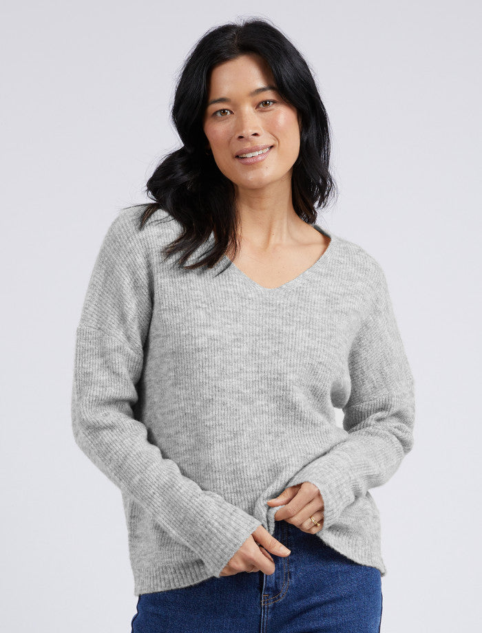Behind The Trees - Elm - Verity V Neck Knit - Grey Marle - lightweight knit for winter - wool knitwear under $150