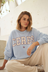 Ceres Lifestyle - Isla Oversized Slouchy Crew - China Blue/Mulberry Heritage Outline