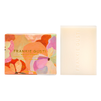 Behind The Trees - Bar of soap with floral packaging and visible brand name on a white background - Frankie Gusti - Hand & Body Bar - Artist Series - Jade Fisher - Sweet Peach & Lychee