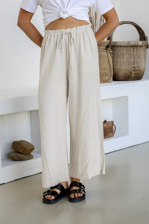 Behind The Trees - Miracle - Pants - Exposed Pocket Drawstring - Wide Leg - Natural - Natural linen wide leg pants - summer lightweight pant - linen pants under $65