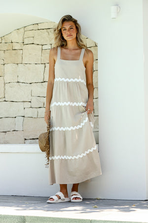 Behind The Trees - Miracle - Maxi Dress - Adjustable Strap Ric Rac - Natural/White - summer dress - natural summer dress - maxi dress - ric rac detail 