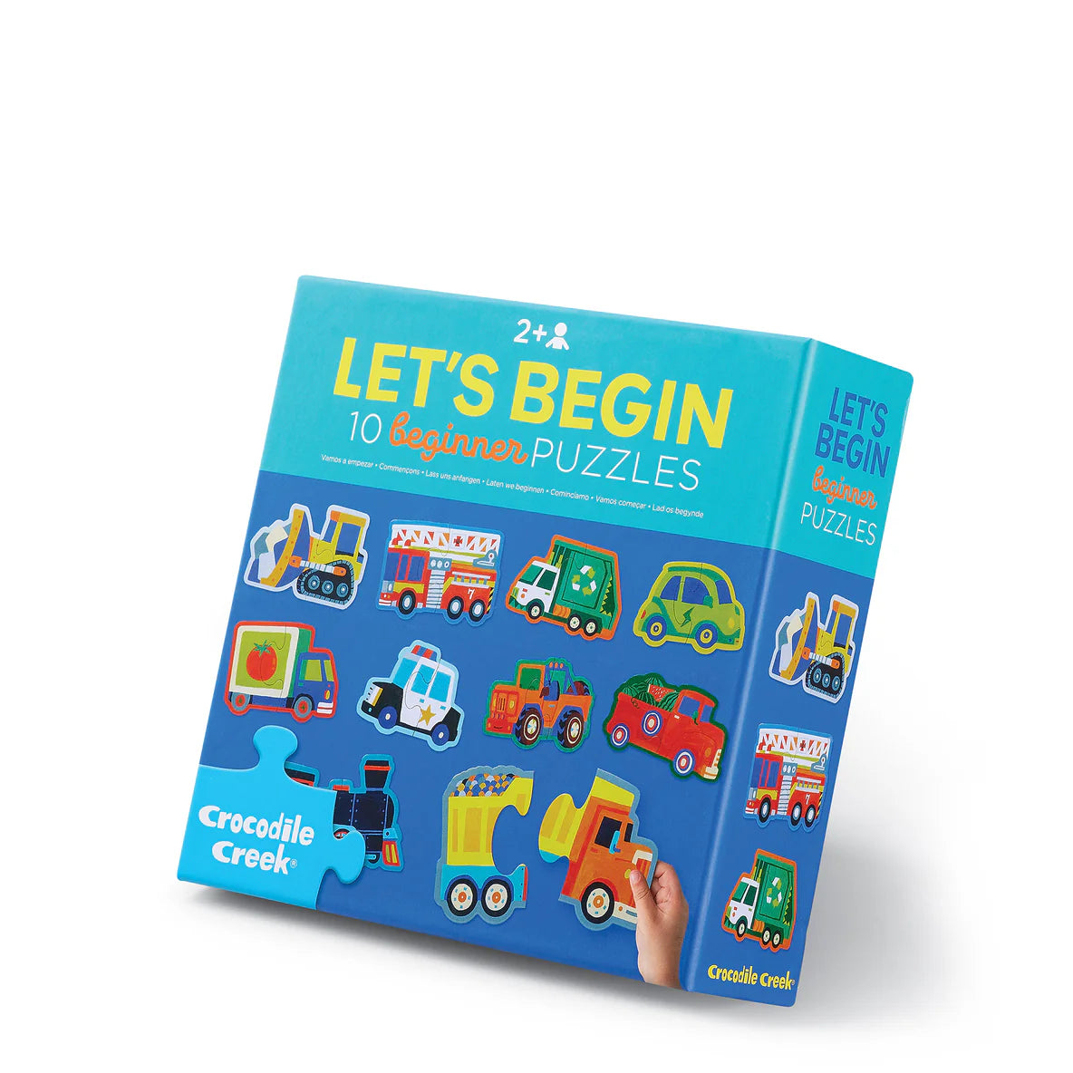 Behind The Trees - Child playing with colorful cards on a light-colored floor - Crocodile Creek - Let's Begin Puzzle 2 pc - Vehicles