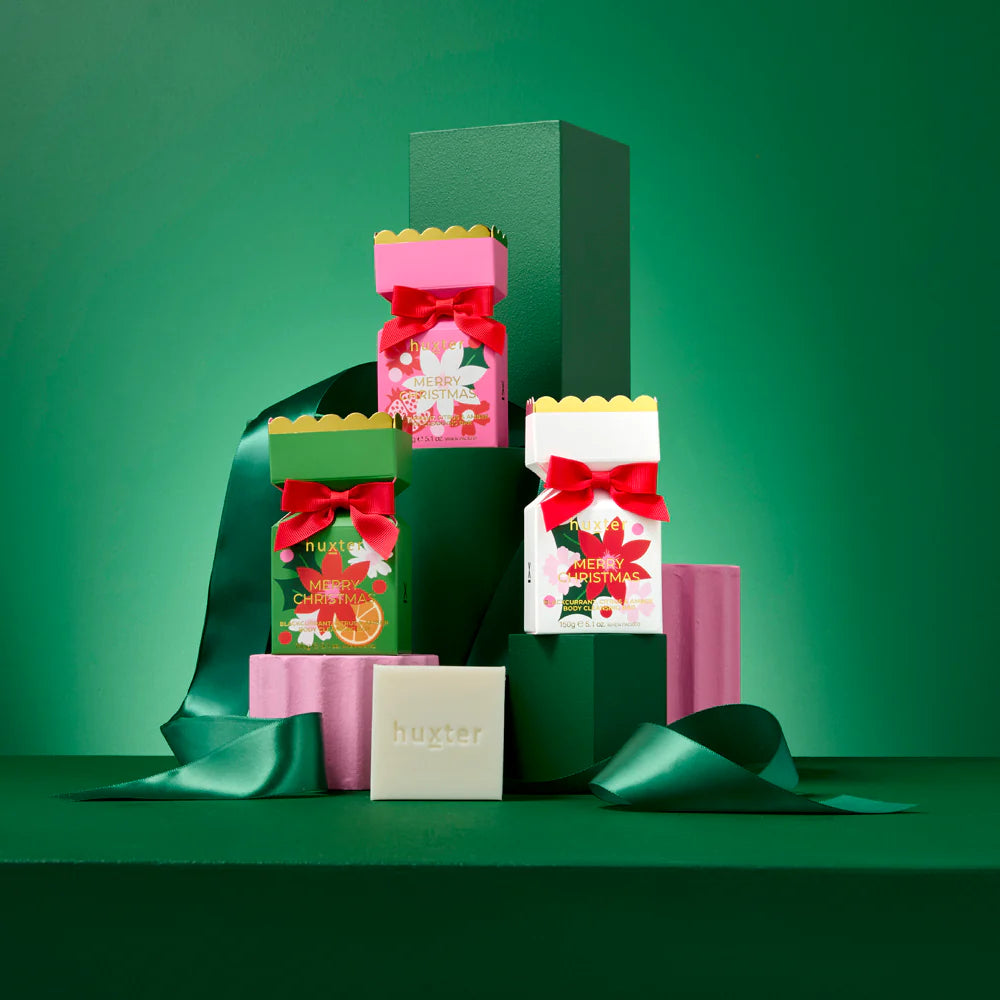 Behind The Trees - Christmas-themed soap bar with decorative packaging on a white background - Huxter - Body Cleansing Bar Soap Bon Bon 150gm – Blackcurrant, Citrus & Amber - White