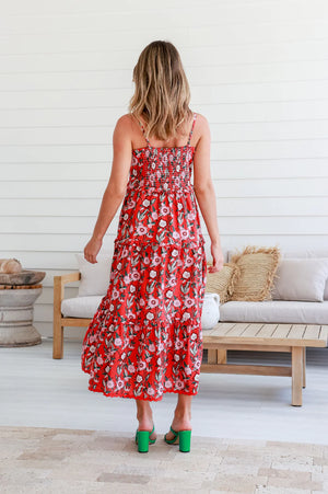 Behind The Trees - Joop + Gypsy - Red Floral Christmas Day Ric Rac Tier Maxi Dress - Christmas Day Dress under $100 - summer dress - red flroal dress
