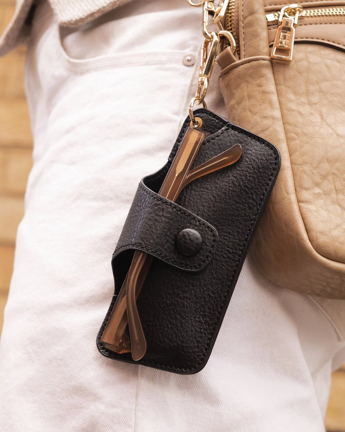 Behind The Trees - Black leather wallet with a strap on a white background - Louenhide - Skittle Sunglass Case - Black