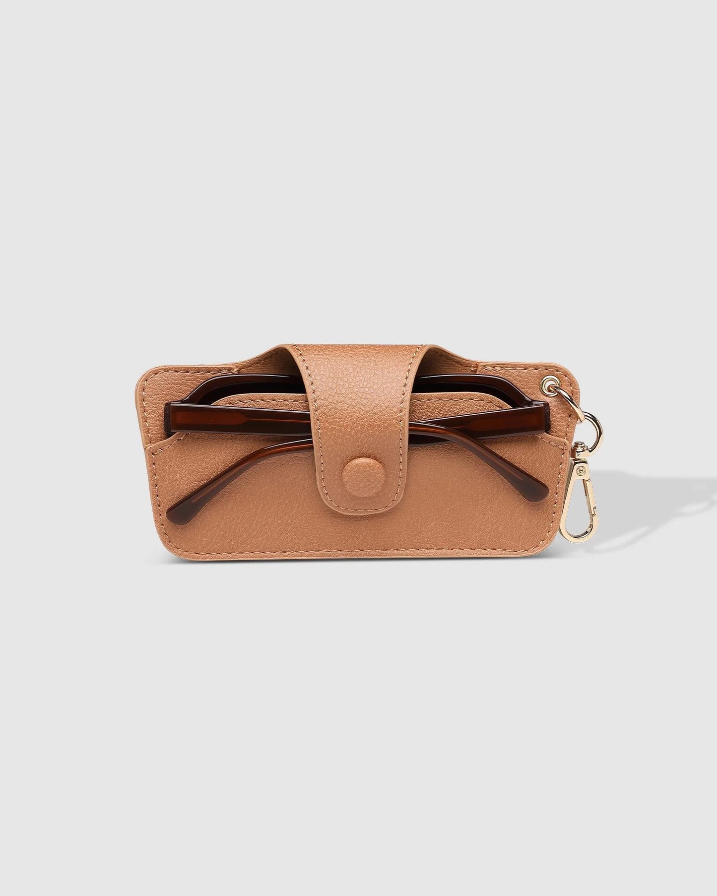 Behind The Trees - Tan leather wallet with a keychain on a light gray background - Louenhide - Skittle Sunglass Case - Camel