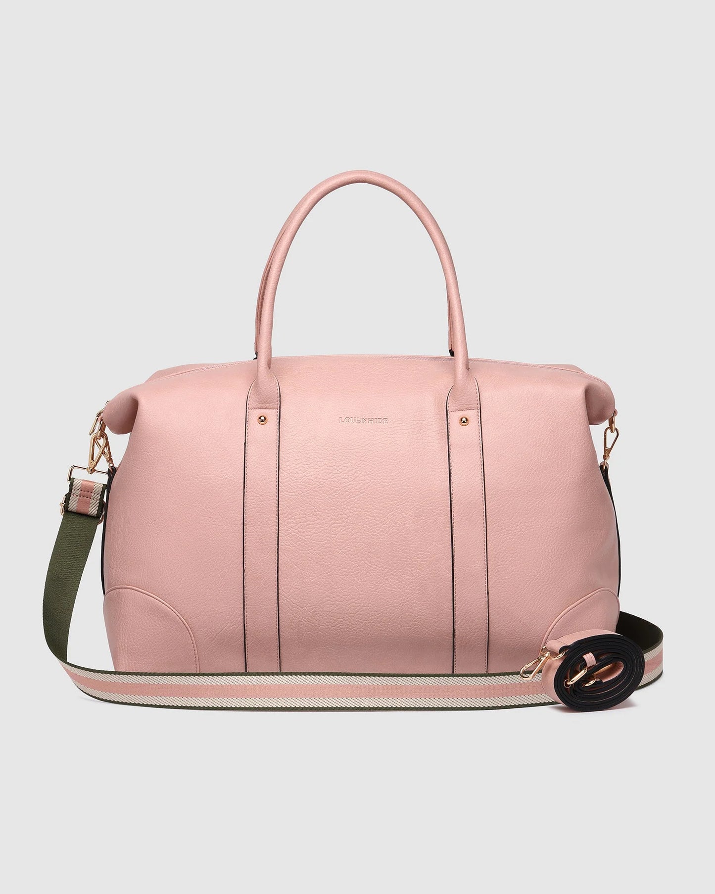 Behind The Trees - Pink travel bag with wheels on a light gray background - Louenhide - Alexis Stripe Weekender Travel Bag - Blush Stripe