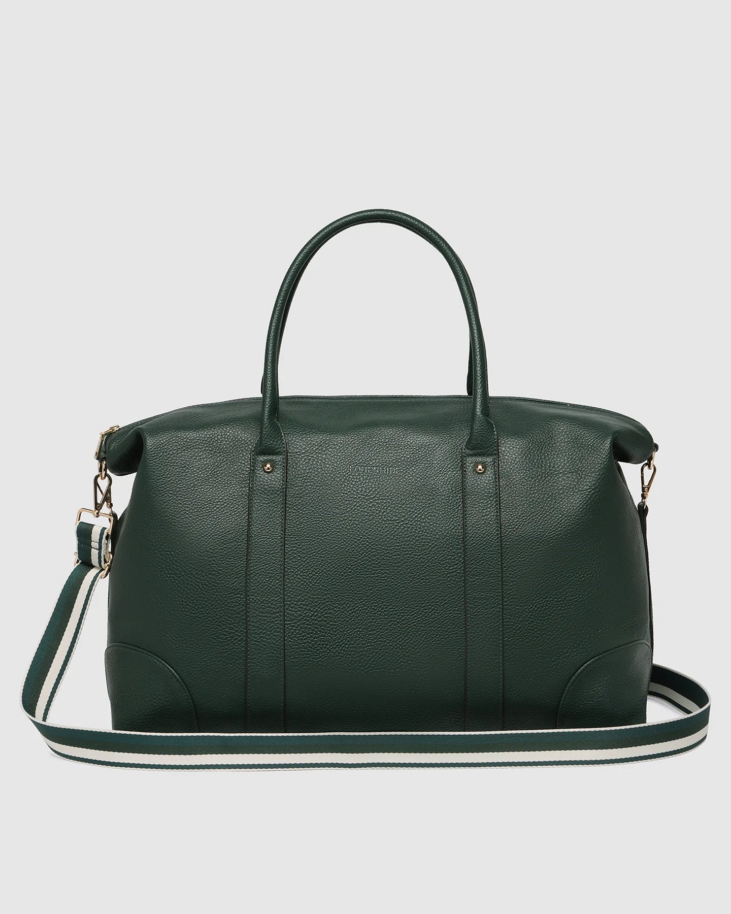 Behind The Trees - Green leather bag with a shoulder strap on a light gray background - Louenhide - Alexis Stripe Weekender Travel Bag - Forest Green Stripe