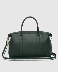 Behind The Trees - Green leather bag with a shoulder strap on a light gray background - Louenhide - Alexis Stripe Weekender Travel Bag - Forest Green Stripe