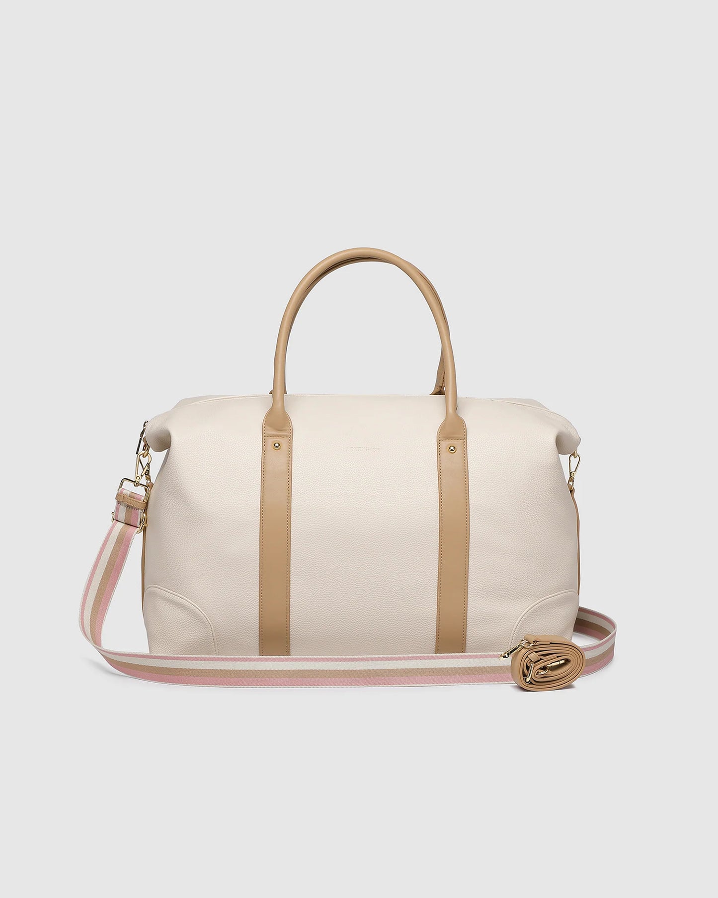 Behind The Trees - Cream-colored handbag with beige straps on a light gray background - Louenhide - Alexis Stripe Weekender Travel Bag - Vanilla Stripe