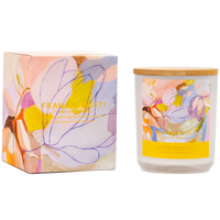 Behind The Trees - Framed Gusti candle with floral design and matching packaging on a white background. -Frankie Gusti - Candle - Artist Series - Jade Fisher - Japanese Honeysuckle