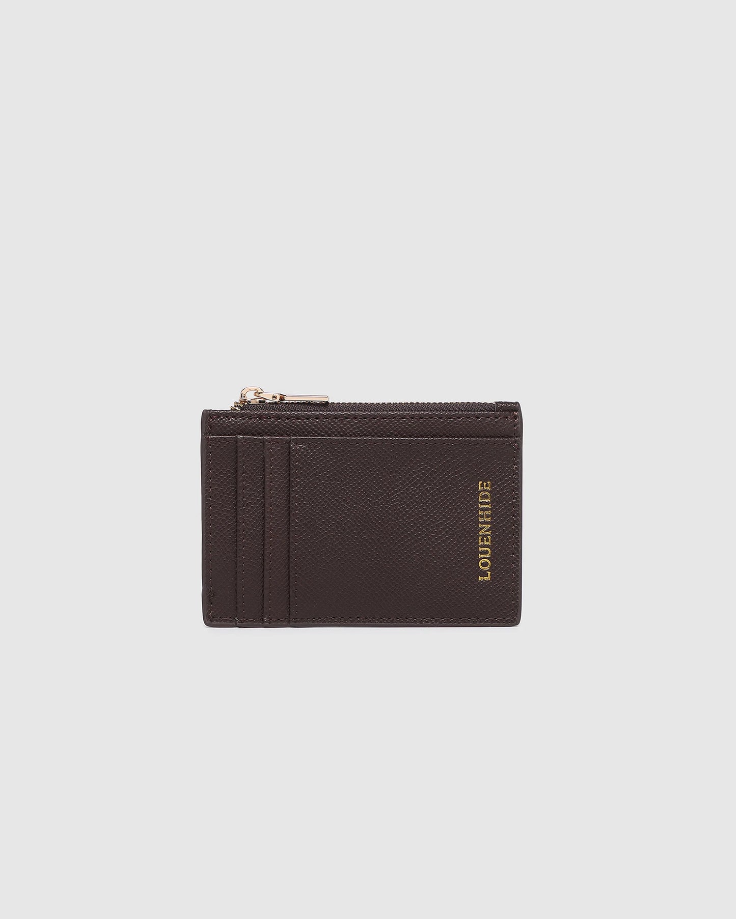 Behind The Trees - Black leather wallet with gold zipper and 'LORENWIL' branding on a light gray background - v