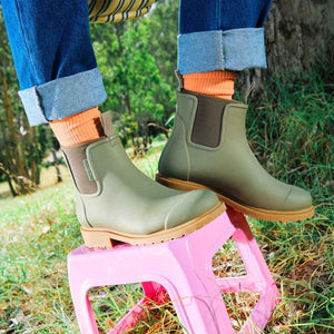 Behind The Trees - Merry People - Bobbi Ankle Boot - Khaki - best gumboot - what's that gumboot everyone is wearing - merry gumboots - cute colourful ankle gumboot