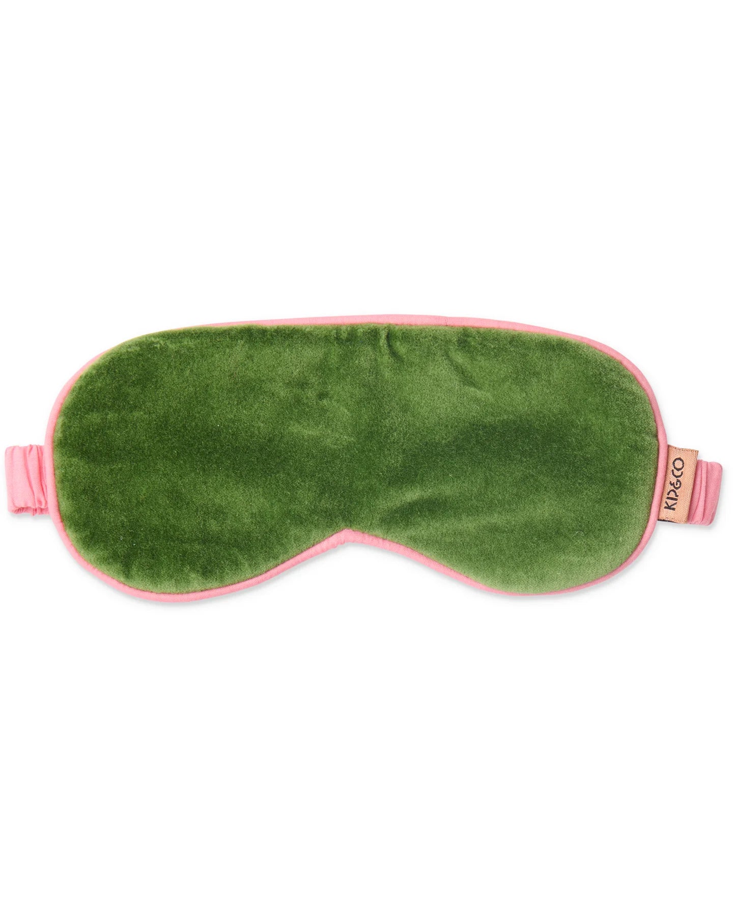 Behind The Trees - Green sleep mask with pink edges on a white background - Kip & Co - Velvet Eye Mask - Moss