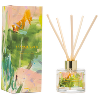 Behind The Trees - Frankie Gusti fragrance diffuser with floral packaging on a white background - Frankie Gusti - Diffuser - Artist Series - Kate Eliza - Pistachio & Salted Coconut