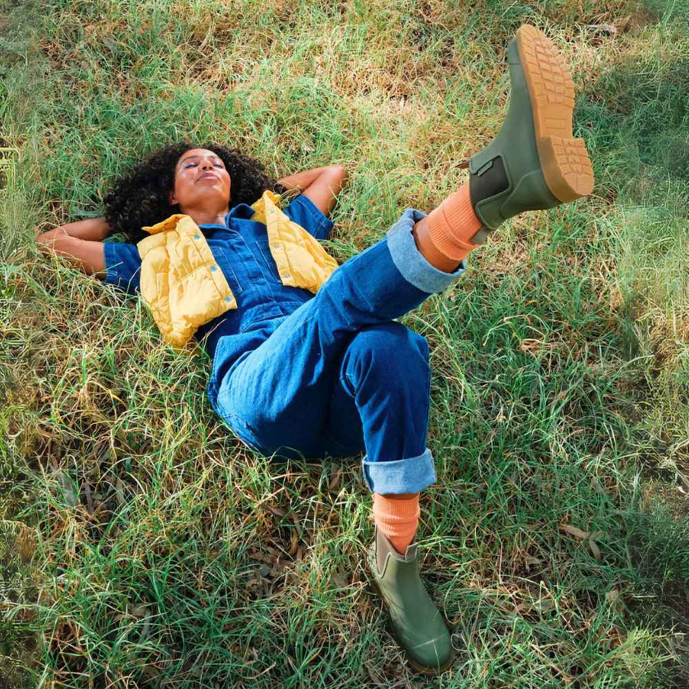 Behind The Trees - Merry People - Bobbi Ankle Boot - Khaki - best gumboot - what's that gumboot everyone is wearing - merry gumboots - cute colourful ankle gumboot