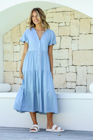 Behind The Trees - Miss Marlow - Linen Button Tier Midi Dress - Soft Blue - linen dress under $100 - summer dress - christmas day dress