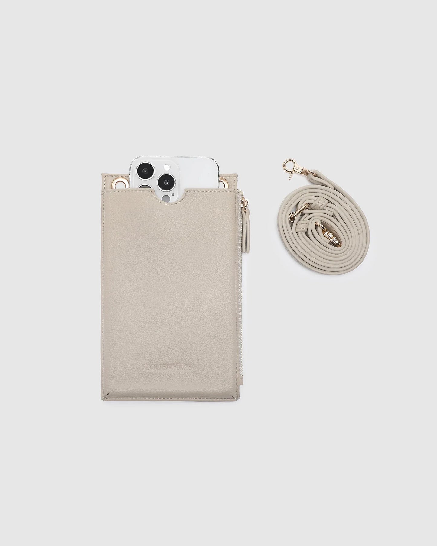Behind The Trees - Beige phone case with strap and phone on a light gray background - Louenhide - Suki Phone Bag - Almond