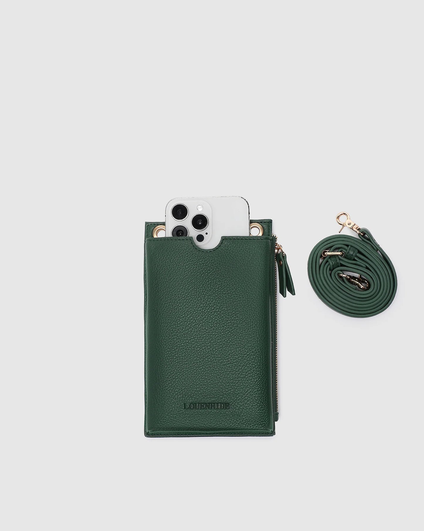 Behind The Trees - Green phone case with a strap on a light gray background - Louenhide - Suki Phone Bag - Forest Green