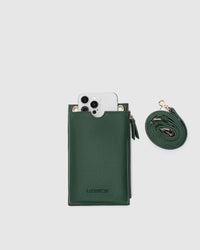 Behind The Trees - Green phone case with a strap on a light gray background - Louenhide - Suki Phone Bag - Forest Green