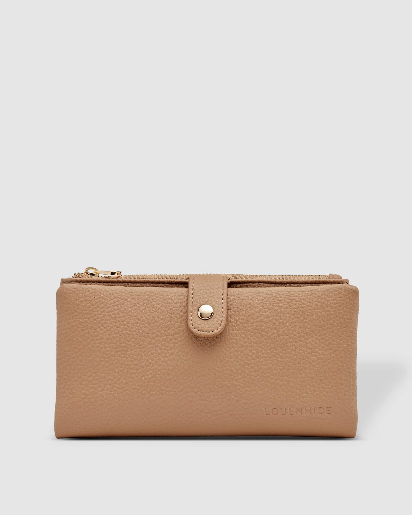 Behind The Trees - Tan wallet with a gold zipper and brand logo on a light gray background - Louenhide - Stella Wallet - Latte