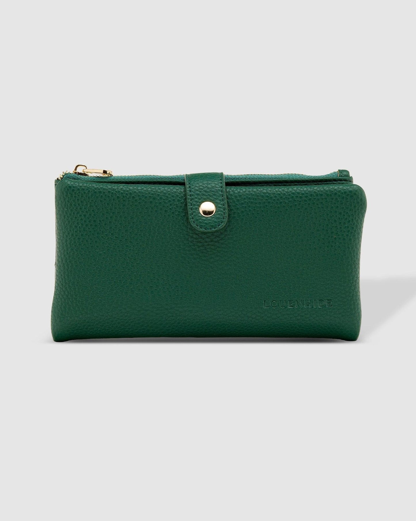 Behind The Trees - Green wallet with a gold zipper on a light gray background - Louenhide - Stella Wallet - Green