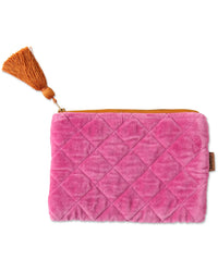 Behind The Trees - Pink quilted pouch with a tassel on a white background - Kip & Co - Velvet Cosmetics Purse - Pink