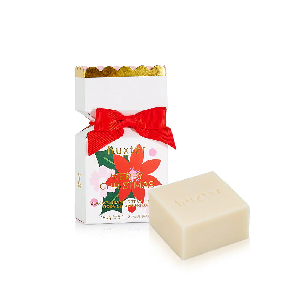 Behind The Trees - Christmas-themed soap bar with decorative packaging on a white background - Huxter - Body Cleansing Bar Soap Bon Bon 150gm – Blackcurrant, Citrus & Amber - White