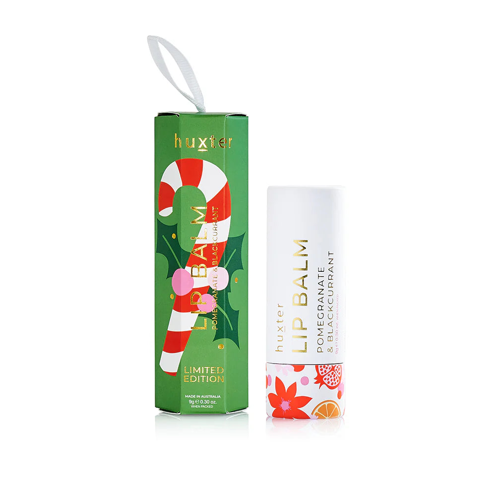 Behind The Trees - Huxley lip balm with a candy cane design on a white background - Huxter - Hanging Lip Balm 9gm - Pomegranate & Blackcurrant - Green