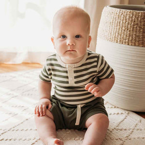 Behind The Trees - Snuggle Hunny - Short Sleeve Organic Bodysuit - Olive Stripe - baby clothing - organic baby clothing - press stud bodysuit for baby