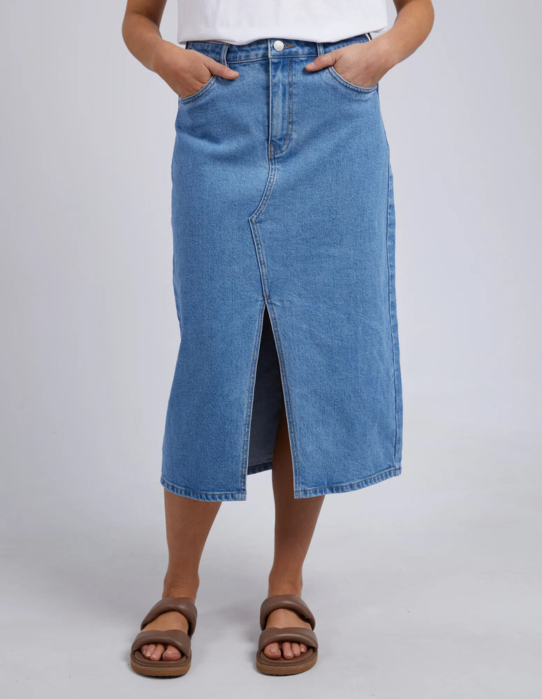 Behind The Trees - Foxwood - Scout Midi Skirt - Mid Blue- denim skirt - long line denim skirt - midi denim skirt - casual denim skirt