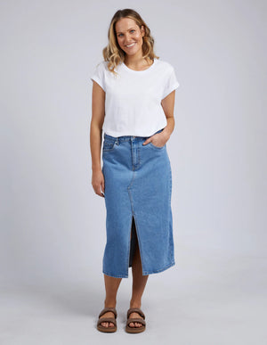 Behind The Trees - Foxwood - Scout Midi Skirt - Mid Blue- denim skirt - long line denim skirt - midi denim skirt - casual denim skirt