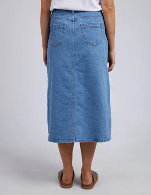 Behind The Trees - Foxwood - Scout Midi Skirt - Mid Blue- denim skirt - long line denim skirt - midi denim skirt - casual denim skirt