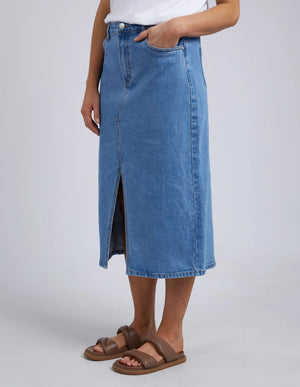 Behind The Trees - Foxwood - Scout Midi Skirt - Mid Blue- denim skirt - long line denim skirt - midi denim skirt - casual denim skirt