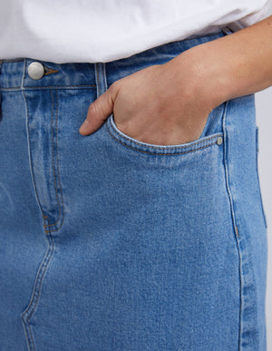 Behind The Trees - Foxwood - Scout Midi Skirt - Mid Blue- denim skirt - long line denim skirt - midi denim skirt - casual denim skirt