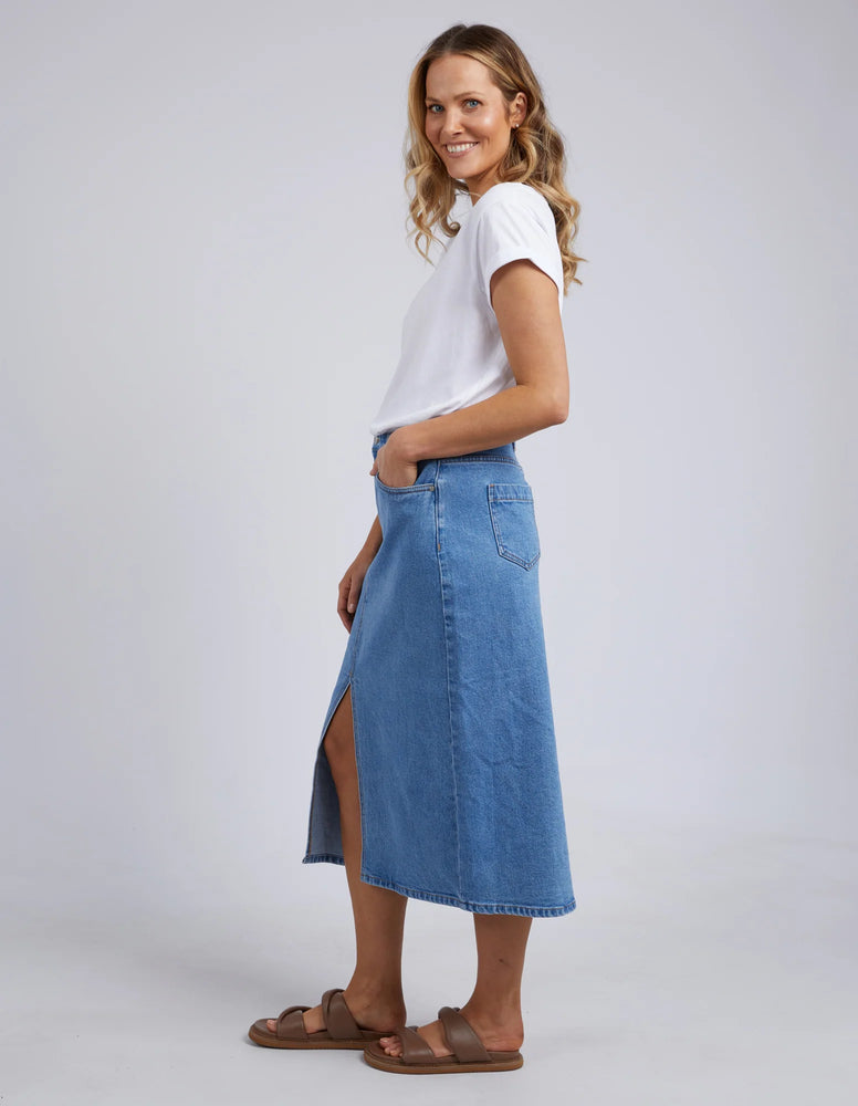 Behind The Trees - Foxwood - Scout Midi Skirt - Mid Blue- denim skirt - long line denim skirt - midi denim skirt - casual denim skirt