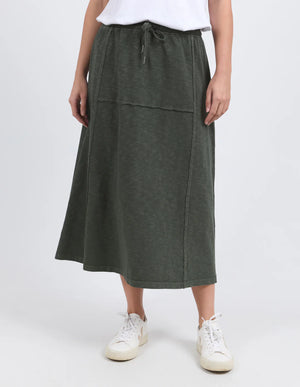 Behind The Trees -Foxwood - Jayne Skirt - Khaki - casual everyday skirt - cotton throw on skirt - midi length cotton skirt