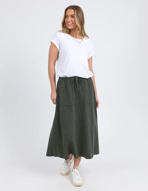 Behind The Trees -Foxwood - Jayne Skirt - Khaki - casual everyday skirt - cotton throw on skirt - midi length cotton skirt