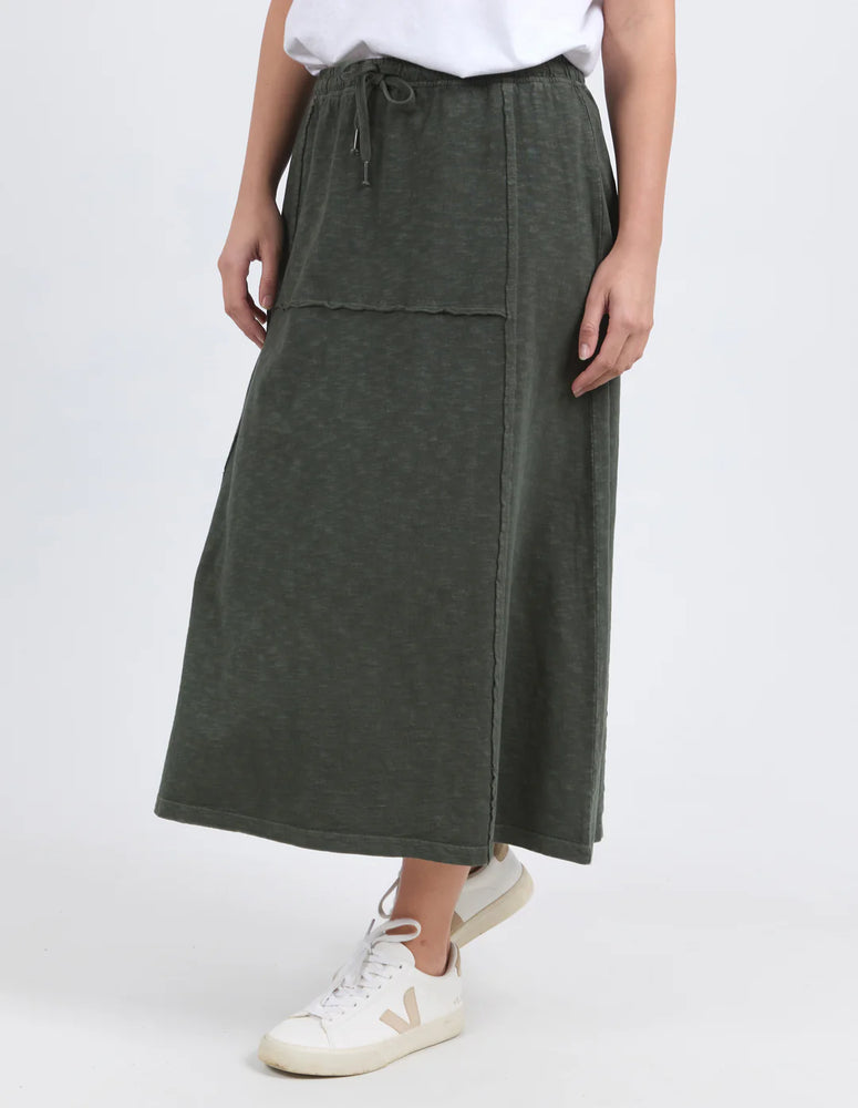 Behind The Trees -Foxwood - Jayne Skirt - Khaki - casual everyday skirt - cotton throw on skirt - midi length cotton skirt