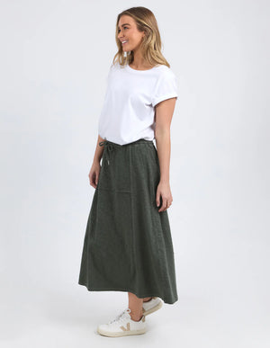 Behind The Trees -Foxwood - Jayne Skirt - Khaki - casual everyday skirt - cotton throw on skirt - midi length cotton skirt