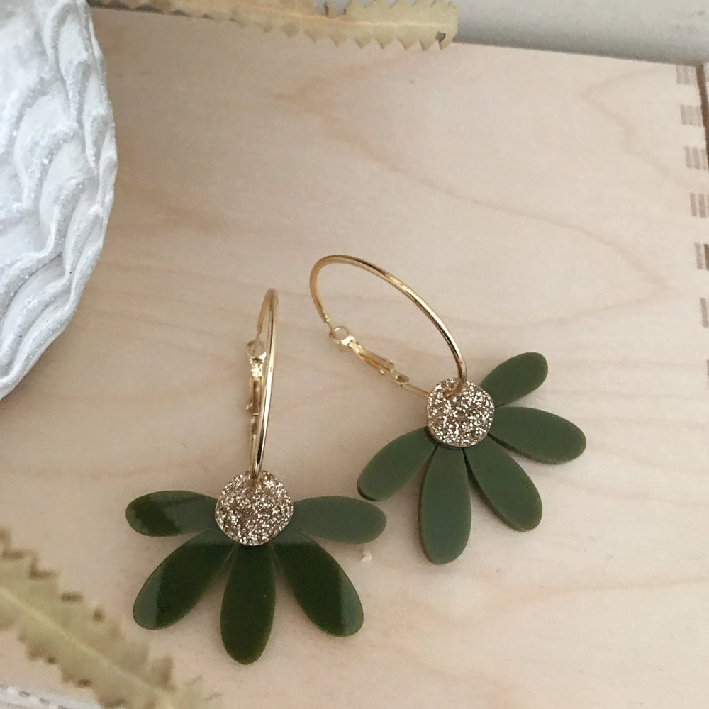 Foxie Collective - Jumbo Daisy Hoop Earrings - Olive + Gold Glitter