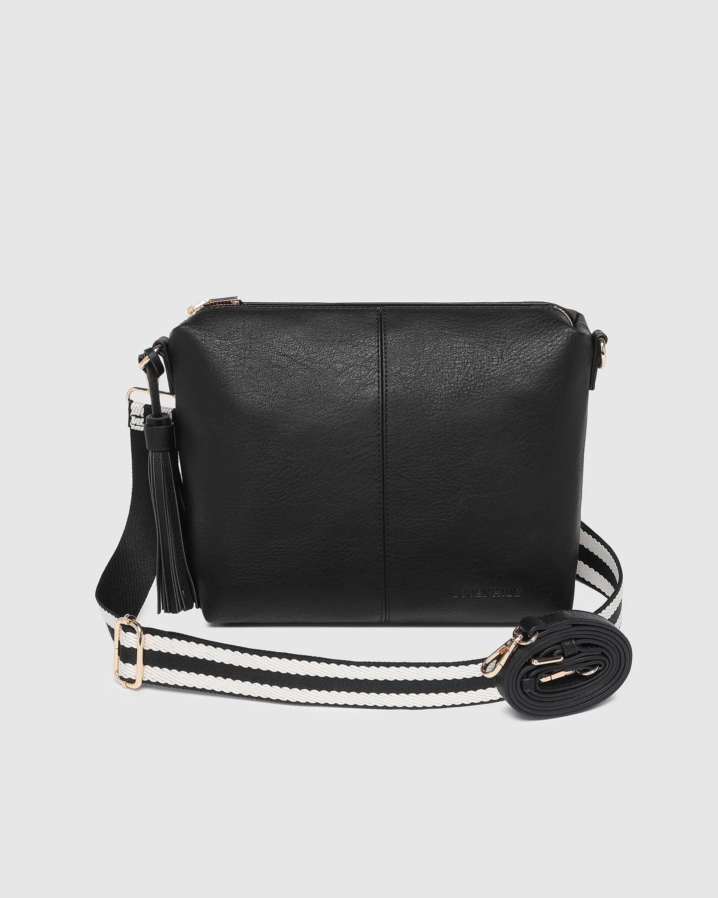 Behind The Trees - Black handbag with a strap on a light gray background - Louenhide - Daisy Stripe Crossbody Bag - Black