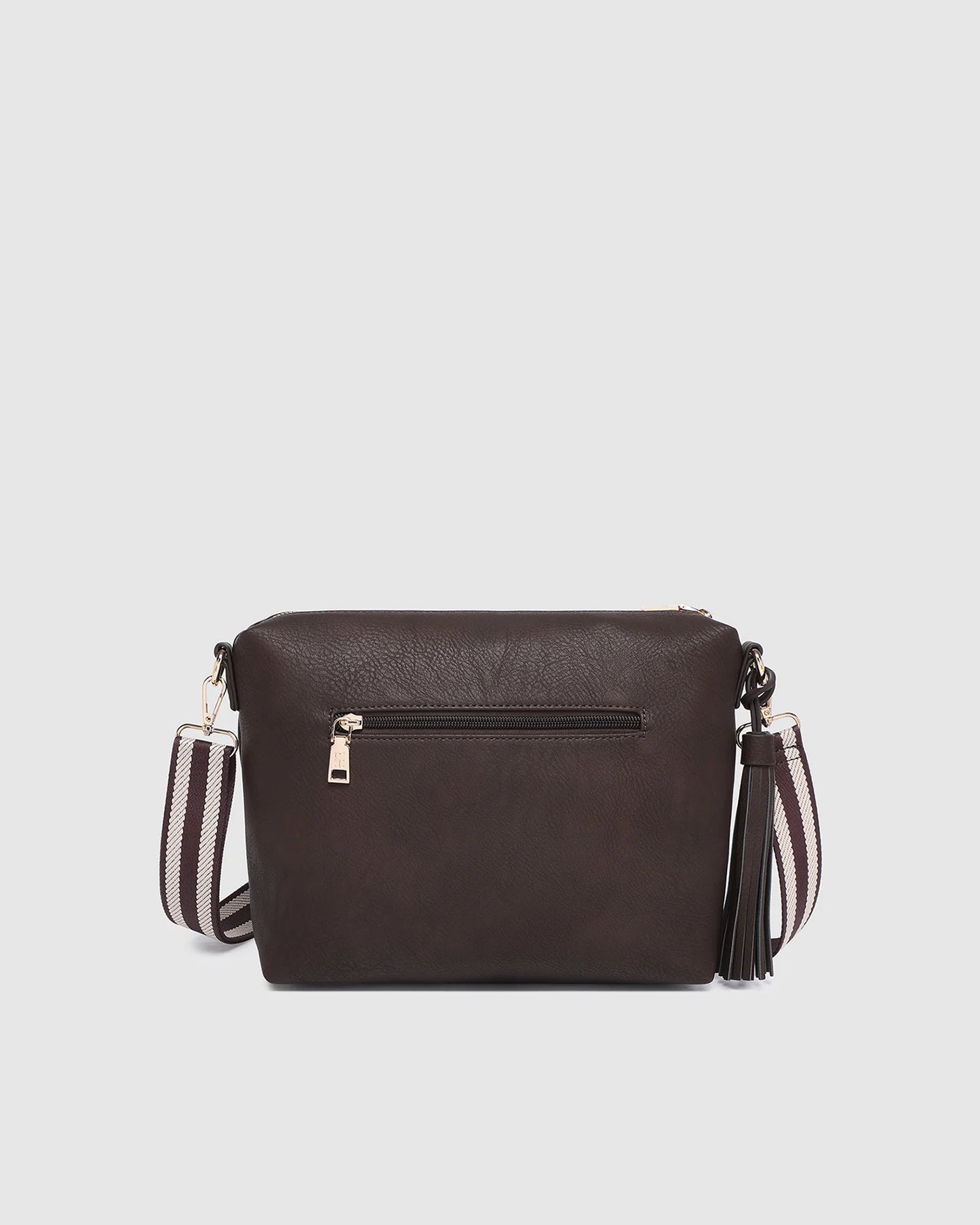 Behind The Trees - Brown leather crossbody bag with a strap on a light gray background - Louenhide - Daisy Stripe Crossbody Bag - Chocolate