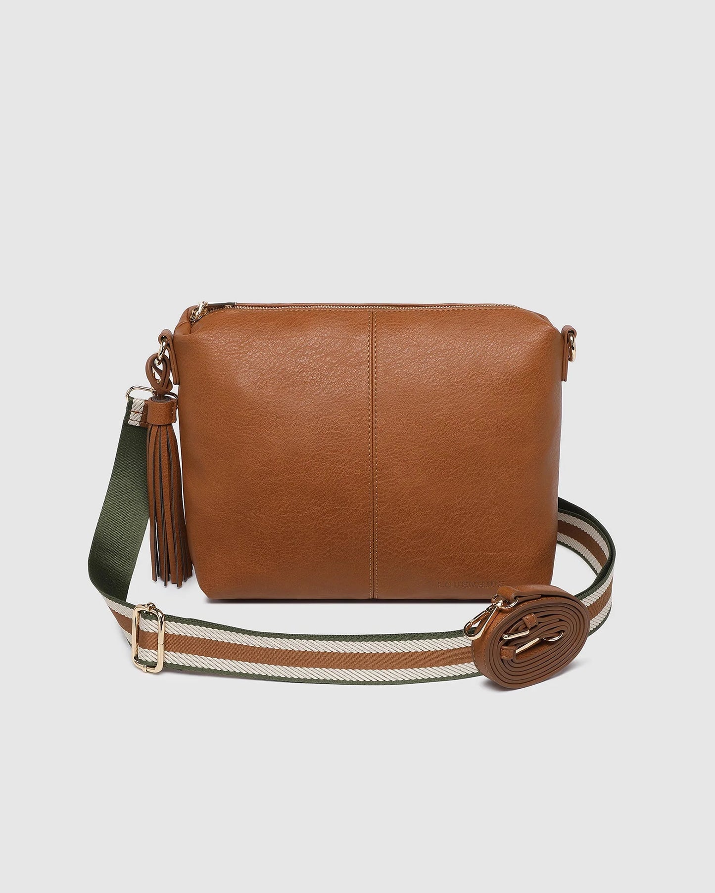 Behind The Trees - Brown leather handbag with a strap on a light gray background - Louenhide - Daisy Stripe Crossbody Bag - Tan