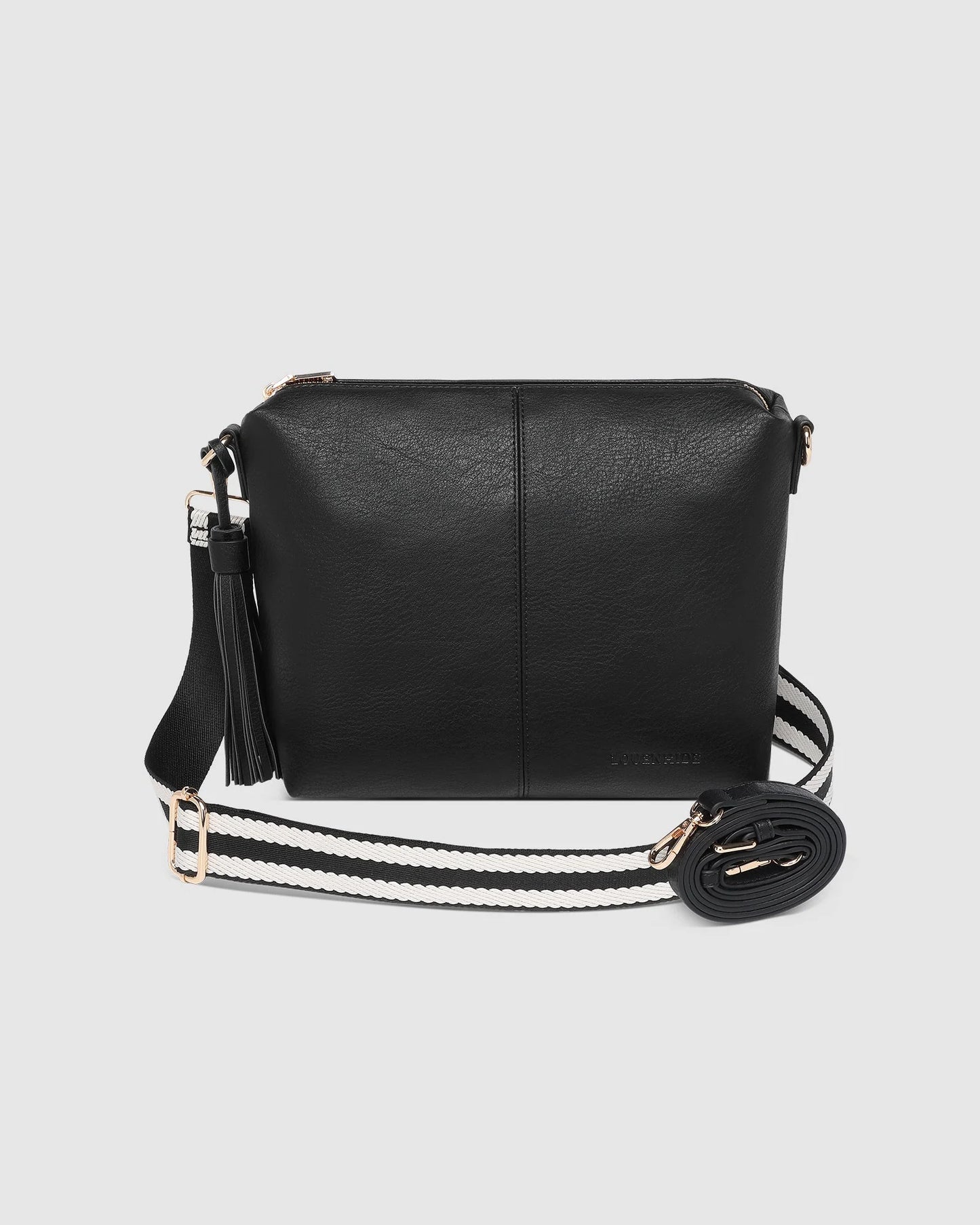 Behind The Trees - Black crossbody bag with a striped strap on a light gray background - Louenhide - Kasey Crossbody Bag - Black