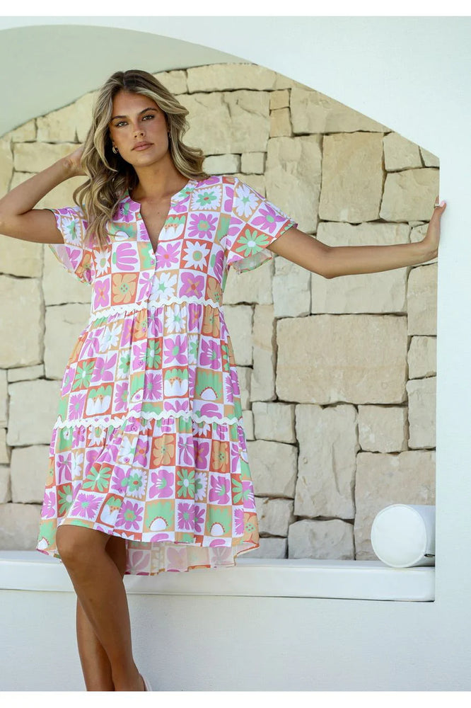 Miss Marlow - Dress - Daisy Square Button - Tiered - Pink