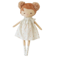 Behind The Trees - Stuffed doll with a white dress with red polka dots on a white background - Alimrose - Layla 35cm Blue Rose