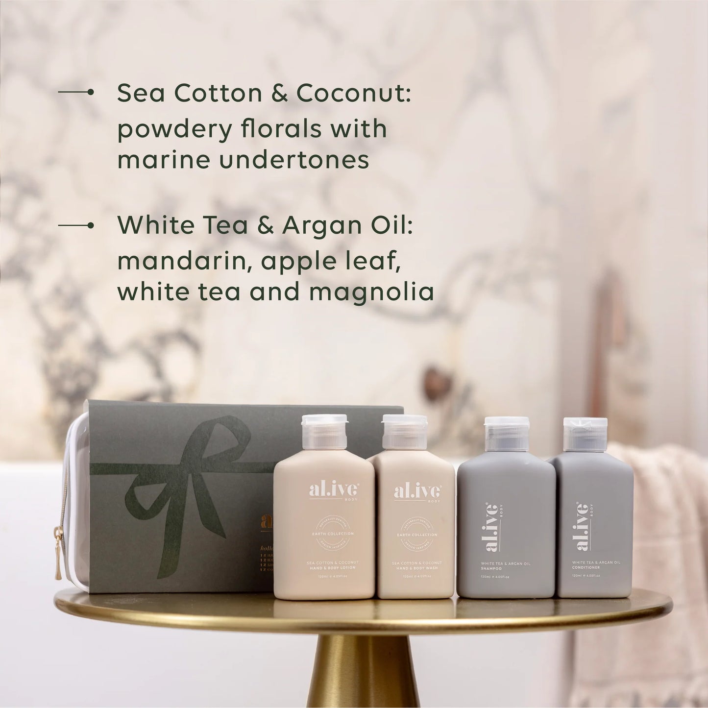 Behind The Trees - Set of 'alive' skincare products with a green gift box on a white background - al.ive - Hair & Body Travel Pack - Holiday