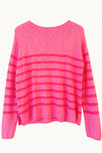 Behind The Trees - A bright pink knit sweater with horizontal darker pink stripes across the body and sleeves, shown against a plain off-white background. - Little Lies - Bobbie Top - Candy/Fuchsia Stripe