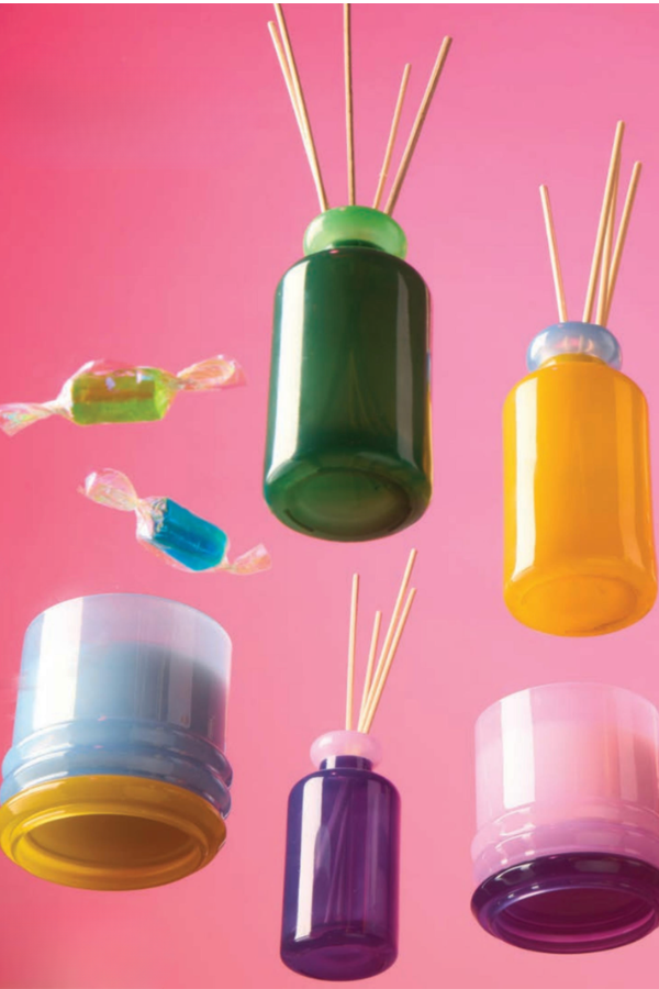 Behind The Trees - Violet Vanilla candle in packaging on a white background - Designworks - Stacked 7oz Glass w/ Dark Purple Lid and Lavender Base - Violet Vanilla